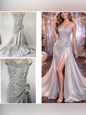 Vintage Cache Pure Silk Burnout Velvet Grey Silver Prom Dress Tube Side Slit S